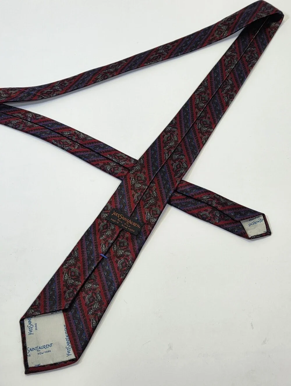 Vintage Yves Saint Laurent 100% Silk Skinny Burgundy Floral Designer Tie